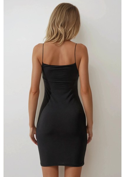 Kadın Kare Yaka Bodycon Sandy Mini Elbise Siyah