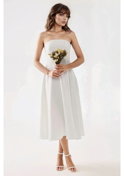 Kadın Straplez Midi A-Form Elbise Beyaz