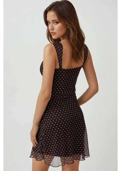 Kadın Kalp Yaka Puantiyeli Mini Tül Elbise Kahve Kahvesi indirimleri