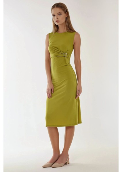 Kadın Vücuda Oturan Bisiklet Yaka Sandy Midi Elbise Zeytin Yeşili