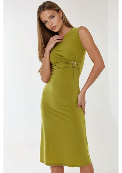 Kadın Vücuda Oturan Bisiklet Yaka Sandy Midi Elbise Zeytin Yeşili fiyatları