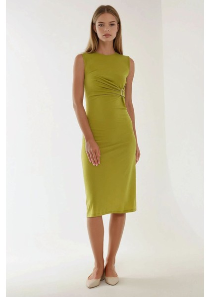 Kadın Vücuda Oturan Bisiklet Yaka Sandy Midi Elbise Zeytin Yeşili modelleri
