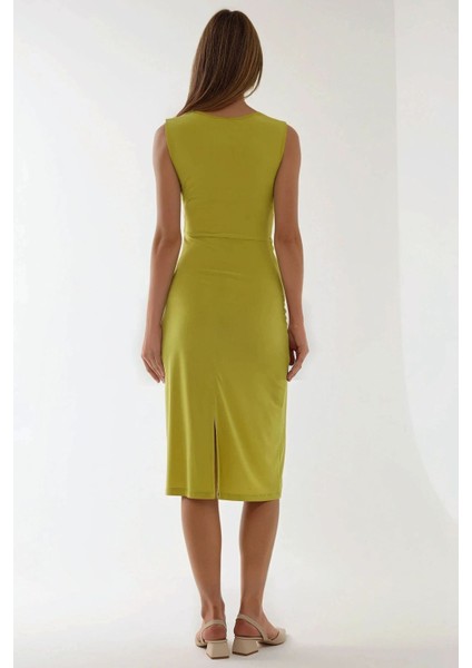 Kadın Vücuda Oturan Bisiklet Yaka Sandy Midi Elbise Zeytin Yeşili