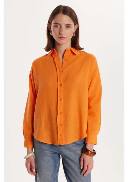 Kadın Slim Fit Dar Kesim Uzun Kollu Klasik Yaka Turuncu Gömlek