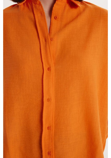 Kadın Slim Fit Dar Kesim Uzun Kollu Klasik Yaka Turuncu Gömlek modelleri