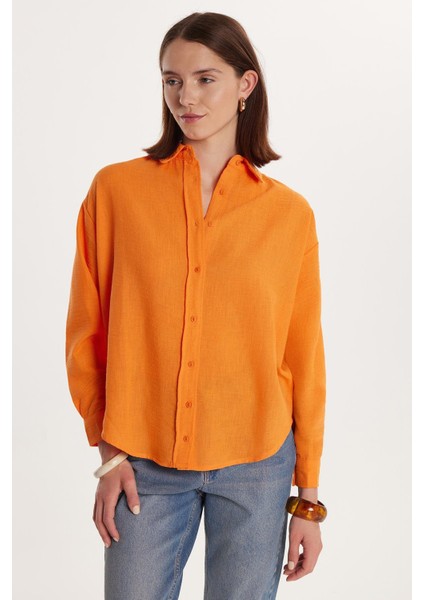 Kadın Slim Fit Dar Kesim Uzun Kollu Klasik Yaka Turuncu Gömlek fırsatları