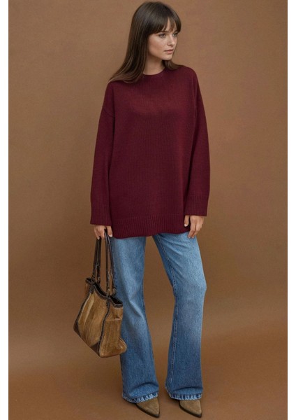 Kadın Kalın Bisiklet Yaka Uzun Kalçayı Kapatan Kazak Bordo Kırmızı