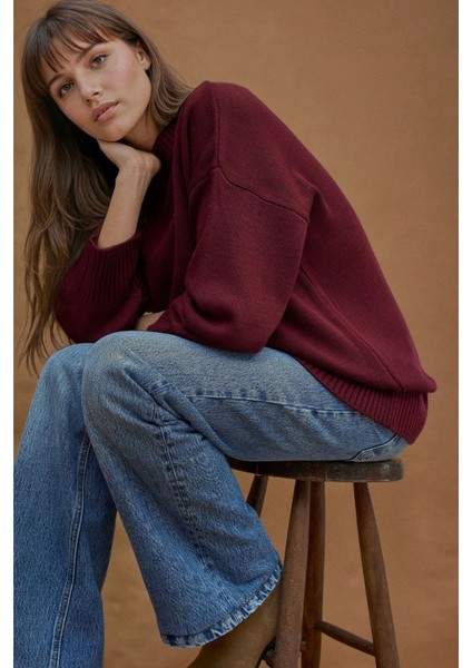 Kadın Kalın Bisiklet Yaka Uzun Kalçayı Kapatan Kazak Bordo Kırmızı fırsatları