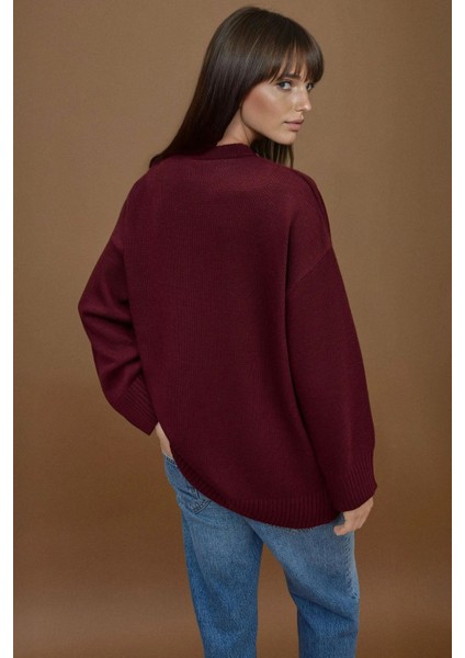 Kadın Kalın Bisiklet Yaka Uzun Kalçayı Kapatan Kazak Bordo Kırmızı indirimleri