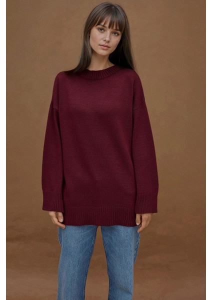 Kadın Kalın Bisiklet Yaka Uzun Kalçayı Kapatan Kazak Bordo Kırmızı