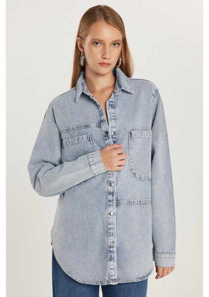 Kadın Regular Fit %100 Pamuk Uzun Kollu Mavi Denim Gömlek