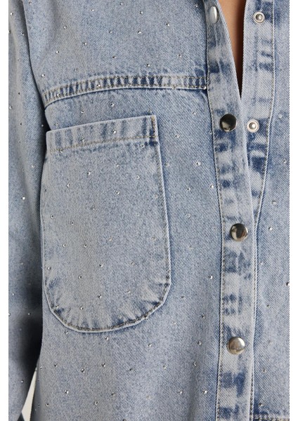 Kadın Regular Fit %100 Pamuk Uzun Kollu Mavi Denim Gömlek modelleri