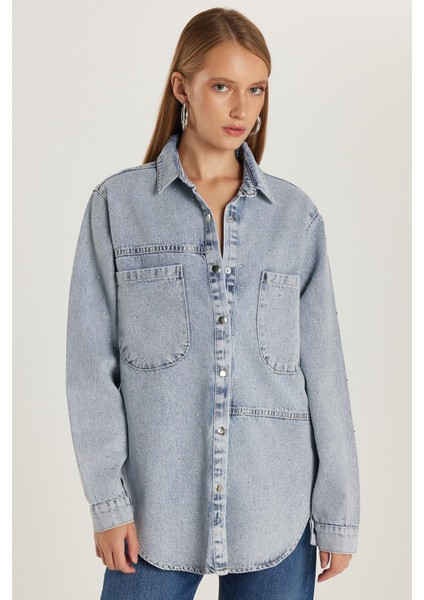 Kadın Regular Fit %100 Pamuk Uzun Kollu Mavi Denim Gömlek fırsatları