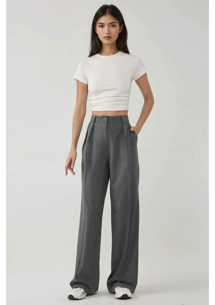 Kadın Yüksek Bel Palazzo Dokuma Pantolon Grey indirimleri