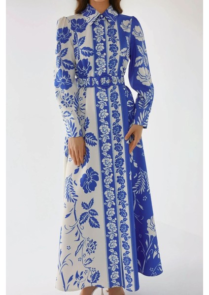 Kadın Baskılı Uzun Kol Kemerli Modest Elbise Blue fiyatları