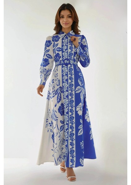 Kadın Baskılı Uzun Kol Kemerli Modest Elbise Blue