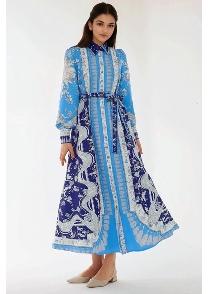 Kadın Baskılı Uzun Kol Kuşaklı Modest Elbise Mavi
