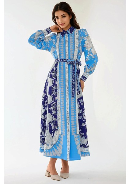 Kadın Baskılı Uzun Kol Kuşaklı Modest Elbise Mavi fiyatları