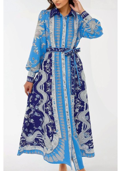 Kadın Baskılı Uzun Kol Kuşaklı Modest Elbise Mavi indirimleri