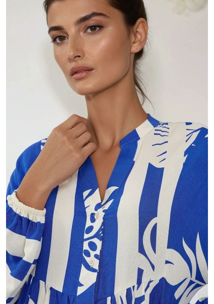 Kadın Baskılı Uzun Kol Viskon Modest Elbise Fas Mavisi fiyatları