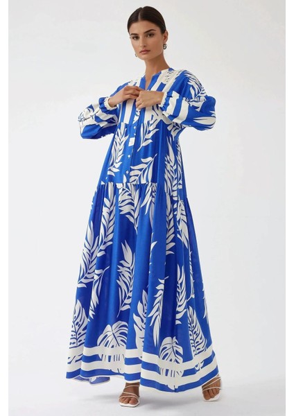 Kadın Baskılı Uzun Kol Viskon Modest Elbise Fas Mavisi modelleri