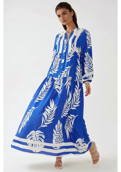 Kadın Baskılı Uzun Kol Viskon Modest Elbise Fas Mavisi fırsatları