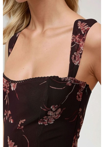 Kadın Kalp Yaka Desenli Maxi Elbise Brown modelleri