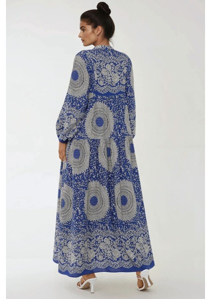 Kadın Baskılı Uzun Kol Viskon Modest Elbise Lacivert fırsatları
