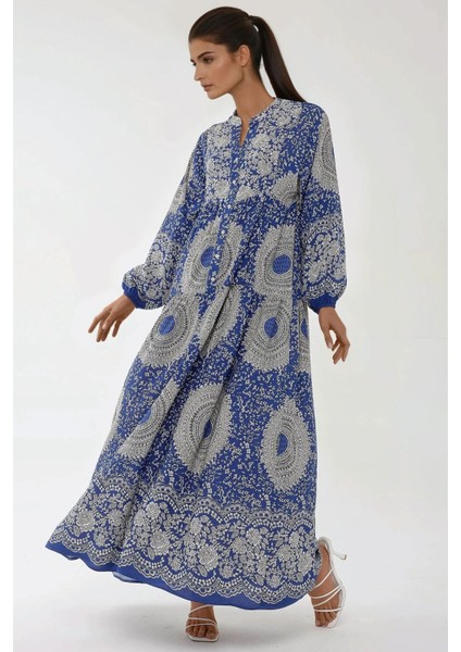 Kadın Baskılı Uzun Kol Viskon Modest Elbise Lacivert indirimleri