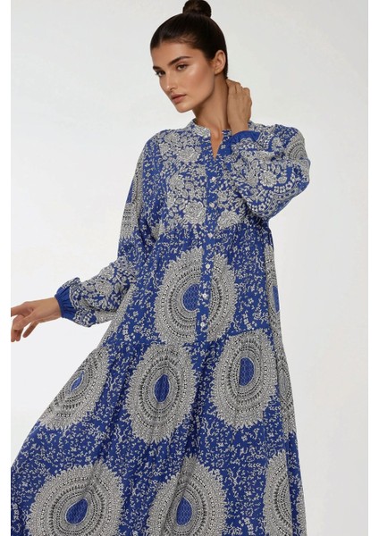 Kadın Baskılı Uzun Kol Viskon Modest Elbise Lacivert