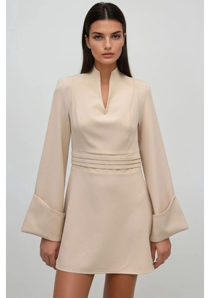 Kadın Şık V Yaka Uzun Kollu Mini Elbise Fildişi Doğal