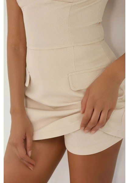 Kadın İçi Şortlu Cep Kapaklı Dar Mini Elbise Natural modelleri