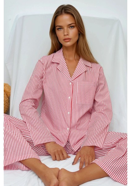 Kadın Çizgili Pamuklu Pijama Takımı Red