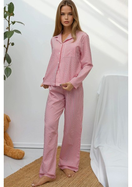 Kadın Çizgili Pamuklu Pijama Takımı Red fiyatları