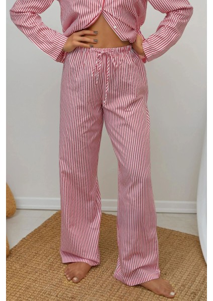 Kadın Çizgili Pamuklu Pijama Takımı Red modelleri