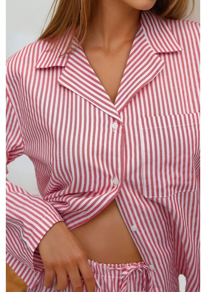 Kadın Çizgili Pamuklu Pijama Takımı Red indirimleri