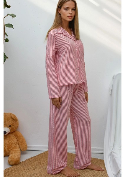 Kadın Çizgili Pamuklu Pijama Takımı Red