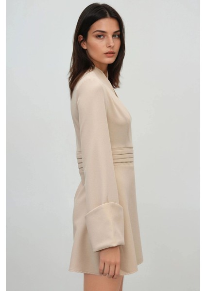 Kadın Şık V Yaka Uzun Kollu Mini Elbise Fildişi Doğal modelleri