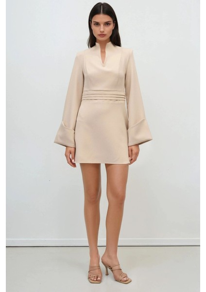 Kadın Şık V Yaka Uzun Kollu Mini Elbise Fildişi Doğal indirimleri