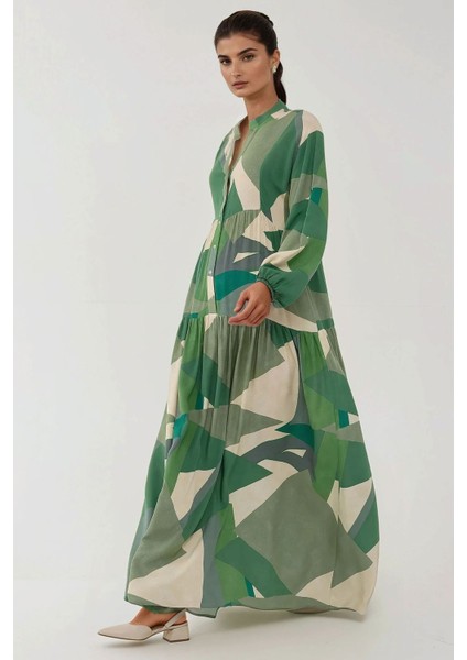 Kadın Baskılı Uzun Kol Viskon Modest Elbise Adaçayı Yeşili