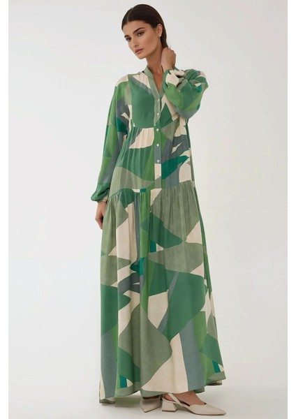 Kadın Baskılı Uzun Kol Viskon Modest Elbise Adaçayı Yeşili fiyatları