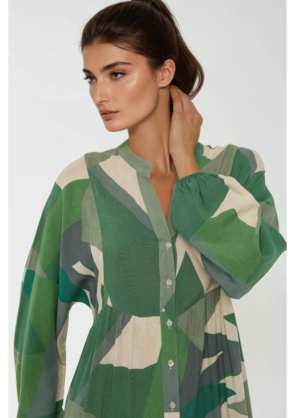 Kadın Baskılı Uzun Kol Viskon Modest Elbise Adaçayı Yeşili modelleri