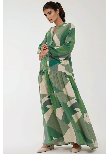 Kadın Baskılı Uzun Kol Viskon Modest Elbise Adaçayı Yeşili fırsatları