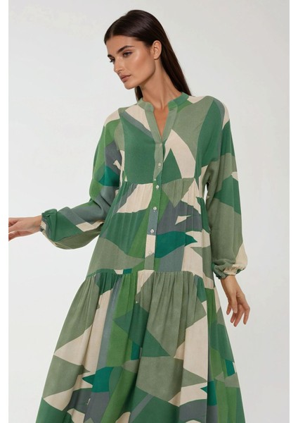 Kadın Baskılı Uzun Kol Viskon Modest Elbise Adaçayı Yeşili indirimleri