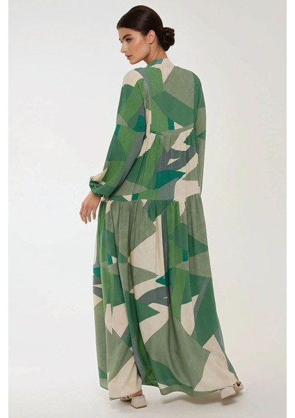 Kadın Baskılı Uzun Kol Viskon Modest Elbise Adaçayı Yeşili