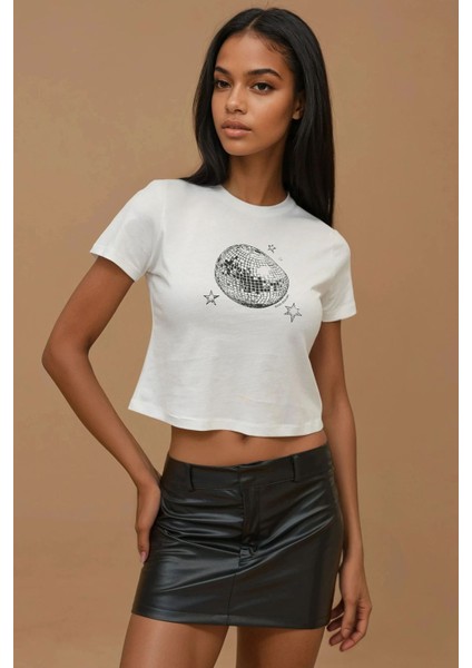 Kadın Baskı Detaylı Regular Fit Bisiklet Yakalı %100 Pamuklu Crop T-shirt Gümüş Gri