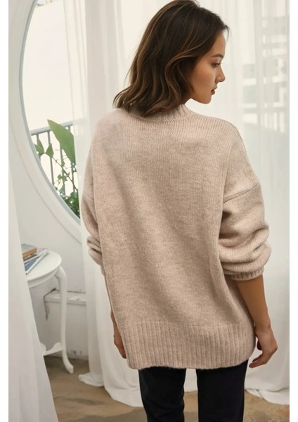 Kadın Kalın Örgü Düz Yaka Kazak Natural modelleri
