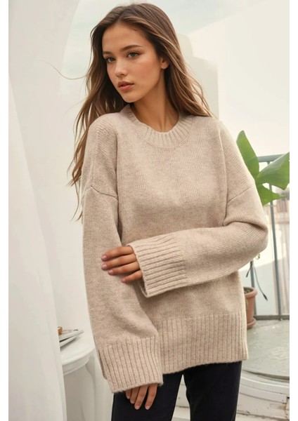 Kadın Kalın Örgü Düz Yaka Kazak Natural indirimleri