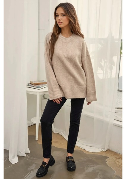 Kadın Kalın Örgü Düz Yaka Kazak Natural