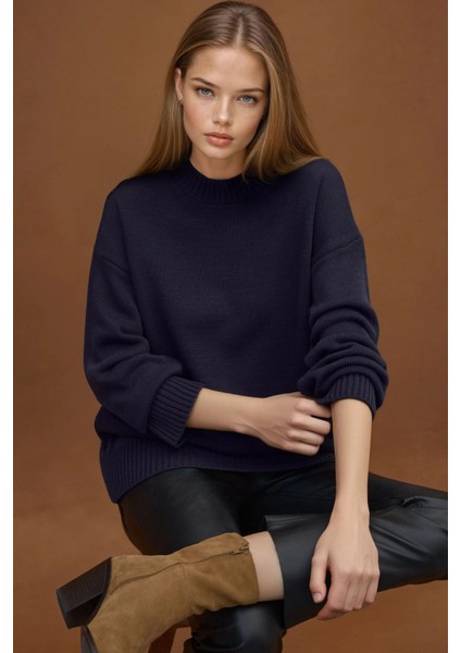 Kadın Kalın Bisiklet Yaka Uzun Kalçayı Kapatan Kazak Gece Mavisi